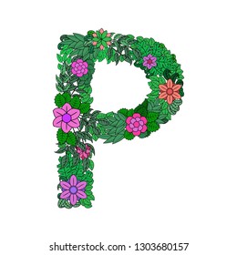 The letter P -  bright element of the colorful floral alphabet on a white background. Made from flowers, twigs and leaves. Floral spring ABC element in vector.