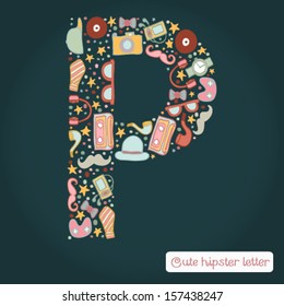 The letter P. Bright hipster element of colorful alphabet made! Hipster ABC element in vector. Vector hipster glasses, camera, a tie, the player, hat, mustache, pipe.