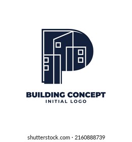 letra P con objeto de construcción diseño del logotipo vectorial inicial adecuado para el negocio inmobiliario y de la propiedad