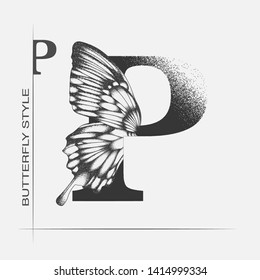 Letter P with butterfly silhouette. Monarch wing butterfly logo template isolated on white background. Calligraphic hand drawn lettering design. Alphabet concept. Monogram vector illustration. EPS 10