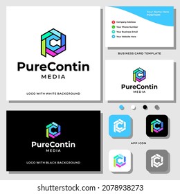 Letter P C monogram media logo design with business card template.