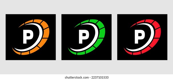 Letter P Car Automotive Logo For Cars Service, Cars Repair With Speedometer Symbol