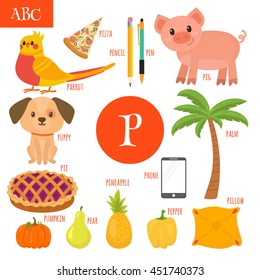 Letter P. Cartoon alphabet for children. Pear, pig, pen, pencil, pumpkin, parrot, palm, puppy, pineapple, pizza, phone, pillow, pie, pepper. Vector illustration