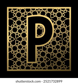 Buchstabe P ist in ein vintage gemustertes Quadrat auf schwarzem Hintergrund geschnitzt. Goldenes Monogramm im Vintage-Stil.