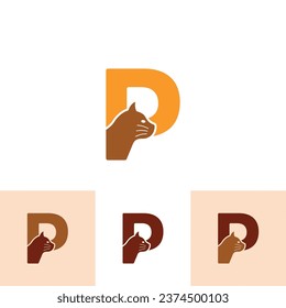 Letter P Cat Logo of Pet paw shop icon, animal care store symbol, veterinarian clinic sign vector.
