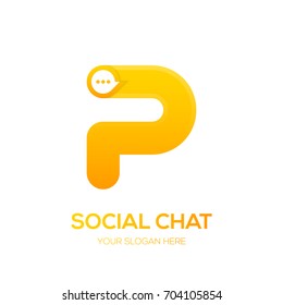 Letter P with Chat logo, Talk, Social media, Sphere speech bubble, application, digital and technology logotype