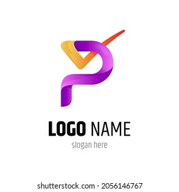 Letra P y marca la plantilla de diseño del logotipo en color gradiente morado y amarillo
