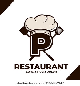Letter P Chef hat logo design illustration, Restaurant cafe logo icon isolated on white background