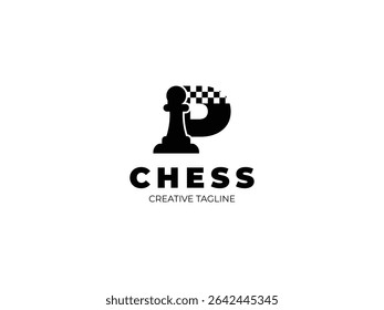 Letter P chess logo design with pawn and chess board
