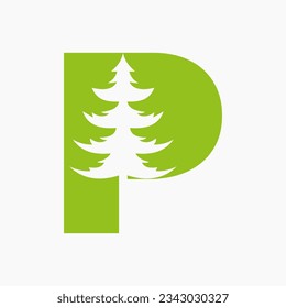 Letter P Christmas Tree Logo Design. Spruce Logo Symbol