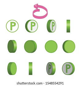 Letter P in circle rotation sequence sprite sheet on white background. Vector illustration.
