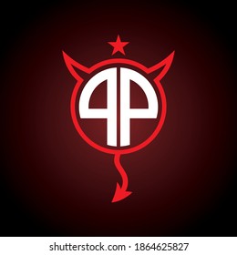 Letter P in the circle shape with devil horn and tail ornament for initial or identity logo design template.