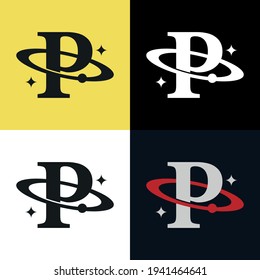 letter P with a circular orbit, a planet and a star vector design