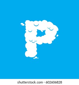 Letter P cloud font symbol. White Alphabet sign on blue sky