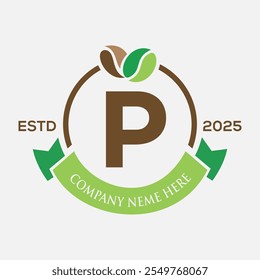 Carta P Design de logotipo de café, logotipo de cafeteria. Símbolo de grãos de café