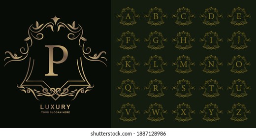 Letra P o colección alfabeto inicial con una plantilla de logotipo dorado de marco floral de lujo.
