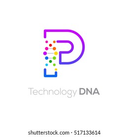 Letter P colorful with abstract biotechnology dna logotype. Medicine, science, laboratory,Technology DNA vector concept