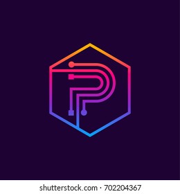 Letter P colorful, Dots logo, linear hexagon shape, Digital and Technology logotype for your Corporate identity