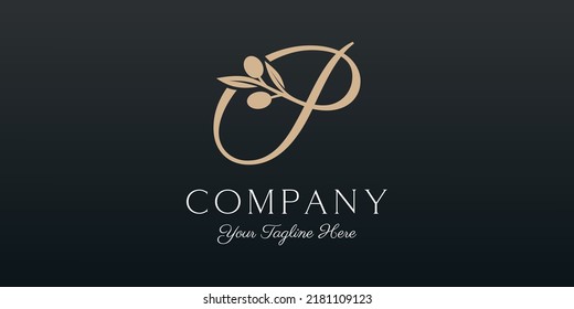 letter P combined twig Olive oil logo design template.