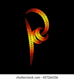 The letter "P" consists of triangular elements on black background. Imitation glowing gold. Script font without gradients.