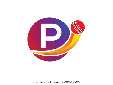 Logo-Konzept des Buchstaben P mit beweglichem Cricket-Ball-Symbol. Cricket Sports Logotype Symbol Vector Template Design.