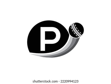 Letter P Cricket Logo Concept With Moving Cricket Ball Icon. Cricket Sports Logotype Symbol Vector Template Design.