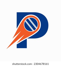 Letter P Cricket Logo Concept With Moving Ball Icon For Cricket Club Symbol. Cricketer Sign