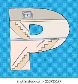 Letter P as cross-section home over blue background