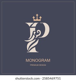 Letter P with crown and abstract elements. Calligraphic beautiful logo. Elegant royal style. Vintage drawn emblem for book design, brand name, business card, Restaurant, Boutique. Vector illustration