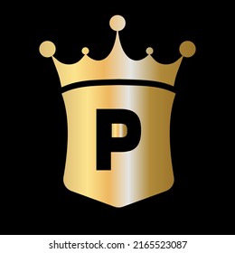 Vektor-Vorlage für das Logo von Letter P Crown und Schild mit dem Symbol für luxuriöse Konzepte