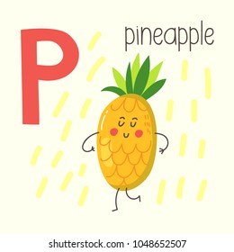 Letter P with cute cartoon pineapple. Vector alphabet.