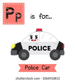 Letter P cute children colorful transportations ABC alphabet tracing flashcard of Police Car for kids learning English vocabulary Vector Illustration.