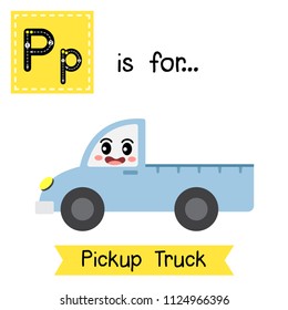 Letter P cute children colorful transportations ABC alphabet tracing flashcard of Pickup Truck for kids learning English vocabulary Vector Illustration.