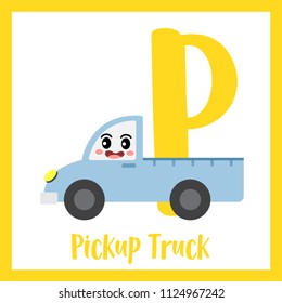 Letter P cute children colorful transportations ABC alphabet flashcard of Pickup Truck for kids learning English vocabulary Vector Illustration.