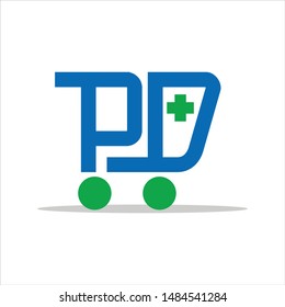 Letter P and D. Trolley of Pharmacy Delivery. Vector Icon. Creative logo.