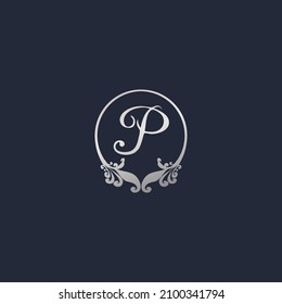 Letter P Decorative Crown Ring Alphabet Logo isolated on Navy Blue Background. Luxury Silver Initial Logo Design Template. Elegant Curl Floral Logo Concept. EPS 10 File Project