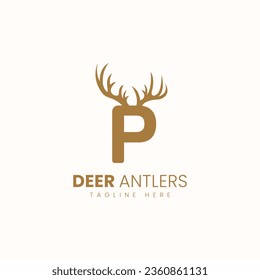 Letter P with Deer Antlers Logo Vector Image. Hunting Logo Inspirations