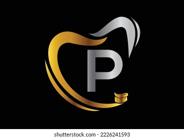 Letter P Dental Logo Design Template Inspiration With Tooth Brush Symbol, Vector Illustration.
