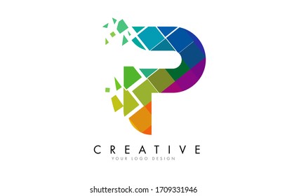 Letter P Design with Rainbow Shattered Blocks Vector Illustration. Pixel art of the P letter logo. 