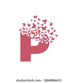 The letter P dispersing into a cloud of butterflies and moths.