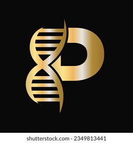 Concepto De Diseño De Logotipo De ADN De Letra P Con Icono De Célula De ADN. Símbolo de atención médica