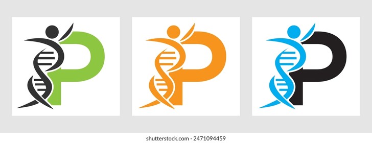 Buchstabe P DNA Logo mit menschlichem Symbol. In: DNA Cell Icon. Gesundheitssymbol