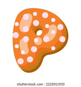 Brief p in Donut Schriftart, Vektorgrafik. Design des Alphabets Buchstaben aus Schokolade Donut oder Keks mit Vereisung. Essen, Nachtisch, Typografie-Konzept für Bäckerei oder Café