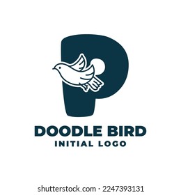 letter P doodle bird initial vector logo design illustration