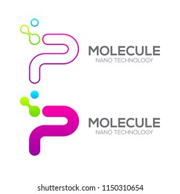 Letter P with Dot and Curve ,Circles shape connected, Molecule and Nano Technology logotype, innovation tech, Medicine, Science, Laboratory, Cosmetics