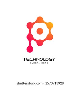 Letter P with Dots circle technology connection logo vector design template