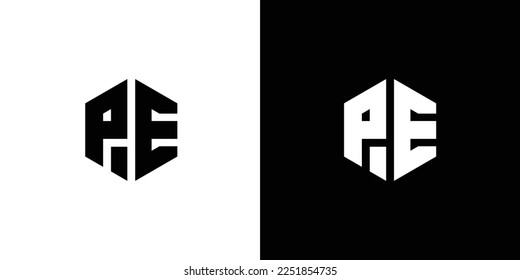 Letter P E polygon, Hexagonal minimal and professional logo design on black and white background