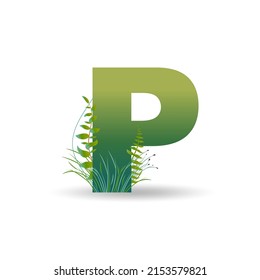 Letter P in eco style with leaves, twigs and grass. For logo, icon, banner etc. Vector.