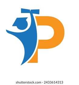 Letter P Education Logo Design. Graduation Symbol With Human Holding Graduation Paper Icon