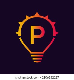 Letter P Electric Logo, Letter P With Light Bulb Vector Template. Eco Energy Power Electricity, Think Idea, Inspiration, Energy Recycle Concept